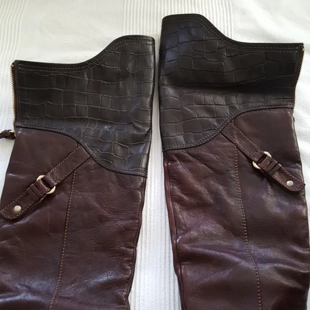 Marciano Brown Over-the-Knee Leather Boots with Dark Brown Trim